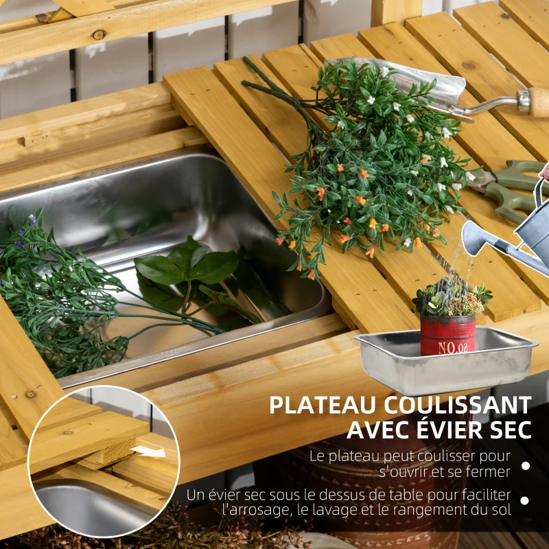 Outsunny Table de rempotage avec tablettes coulissantes évier 2 étagères bois de sapin 92 x 45 x 120 cm