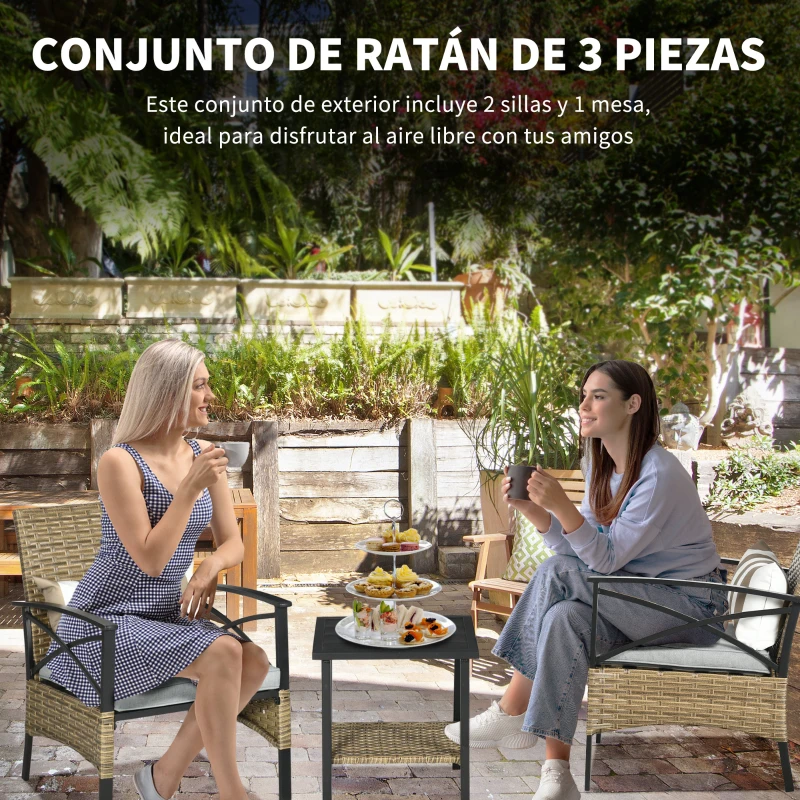 Outsunny Conjunto Mesa y 2 Sillas de Jardín de Ratán Sintético con 2 Cojines Decorativos 46x46x48 cm y 59x71x80 cm Marrón