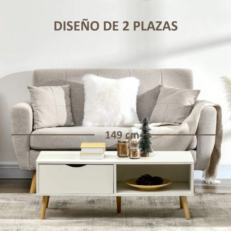 HOMCOM Sofá de 2 Plazas Tapizado en Lino Sintético con 2 Cojines Reposabrazos y Patas de Madera 149x76,5x86 cm Crema