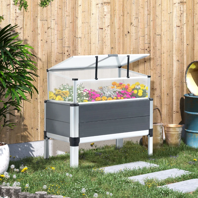 Outsunny Huerto Urbano Elevado de Aluminio 78,5x47x74,5 cm Macetero con Cubierta de Policarbonato y Techos Abatibles para Cultivos Planta Flores Gris
