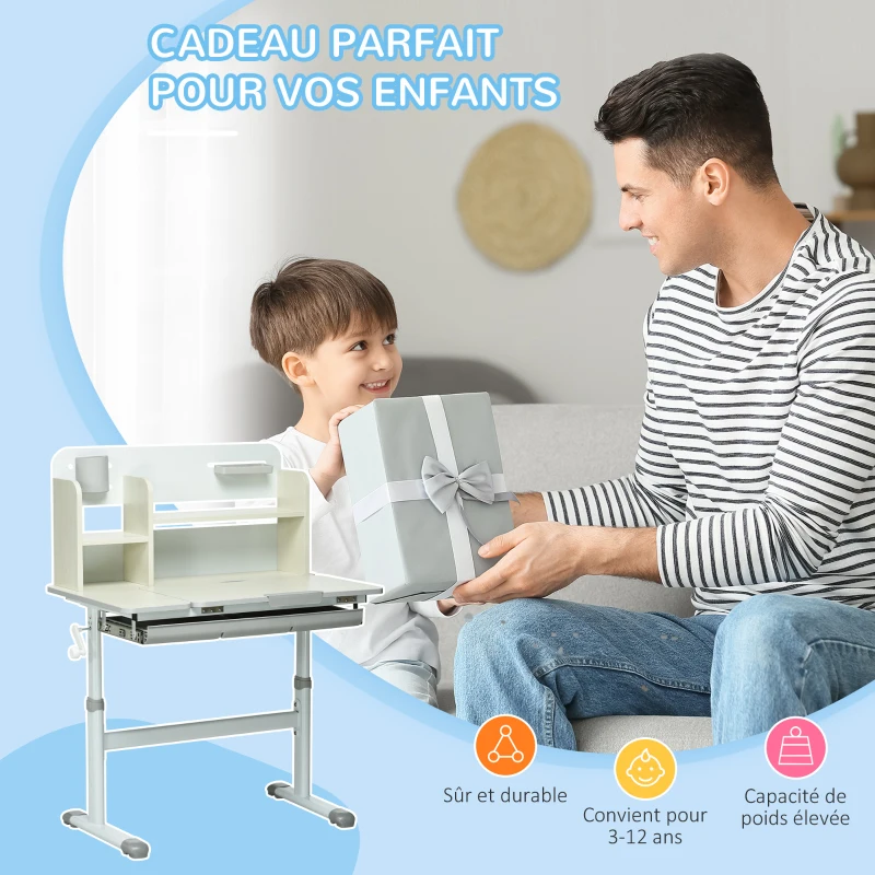 HOMCOM Bureau enfant hauteur réglable, plateau inclinable - 3 étagères, 2 niches, tablette coulissante à rangement gris blanc