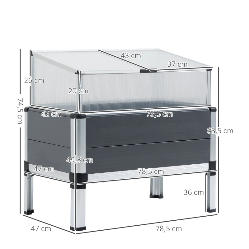 Outsunny Huerto Urbano Elevado de Aluminio 78,5x47x74,5 cm Macetero con Cubierta de Policarbonato y Techos Abatibles para Cultivos Planta Flores Gris