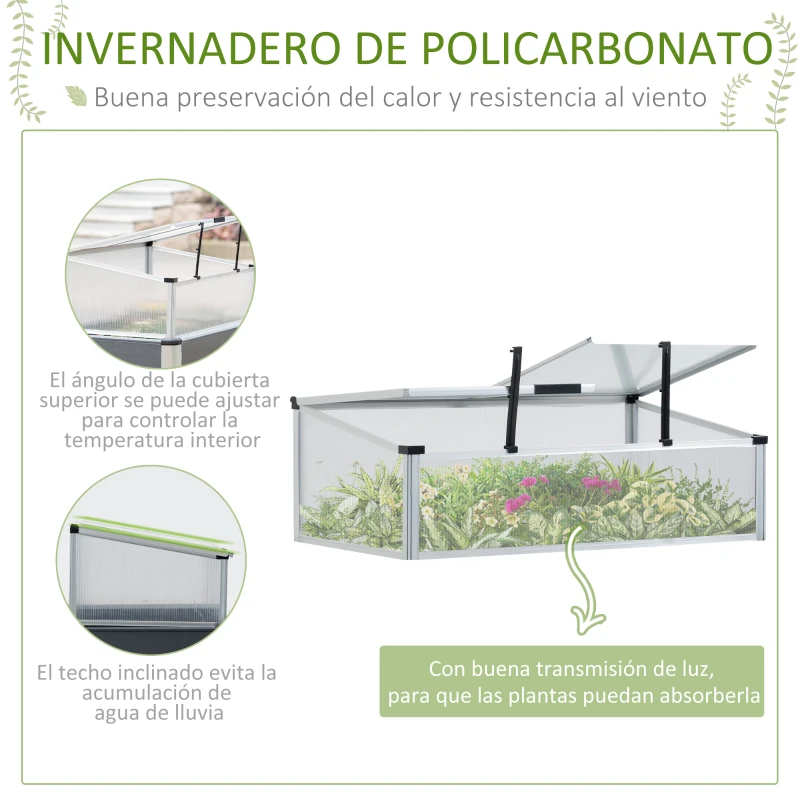 Outsunny Huerto Urbano Elevado de Aluminio 78,5x47x74,5 cm Macetero con Cubierta de Policarbonato y Techos Abatibles para Cultivos Planta Flores Gris