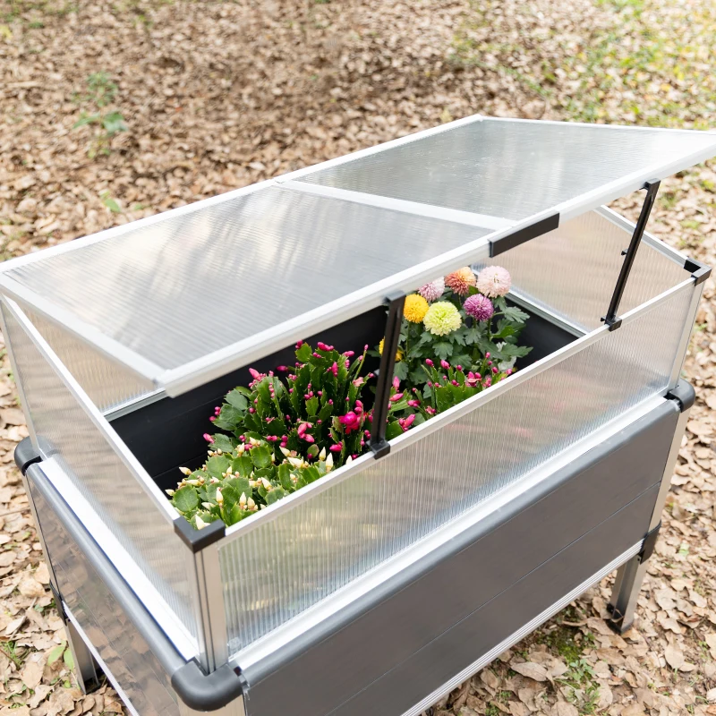 Outsunny Huerto Urbano Elevado de Aluminio 78,5x47x74,5 cm Macetero con Cubierta de Policarbonato y Techos Abatibles para Cultivos Planta Flores Gris