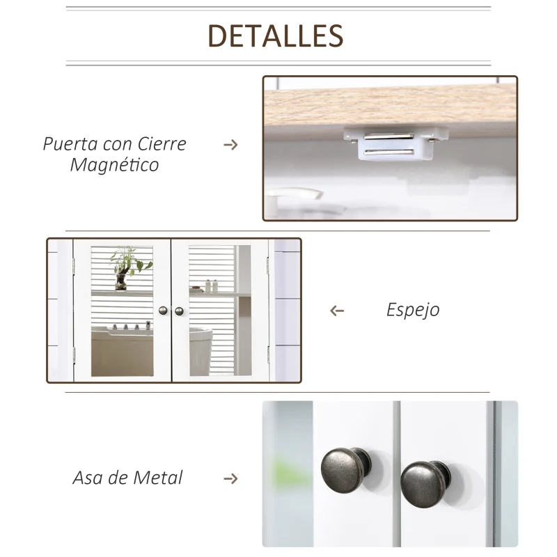 kleankin Armario de Baño de Pared con Espejo 2 Puertas Estante Ajustable en 3 Posiciones Espacio de Almacenaje para Cocina Medicinas 56x14x46 cm Blanco