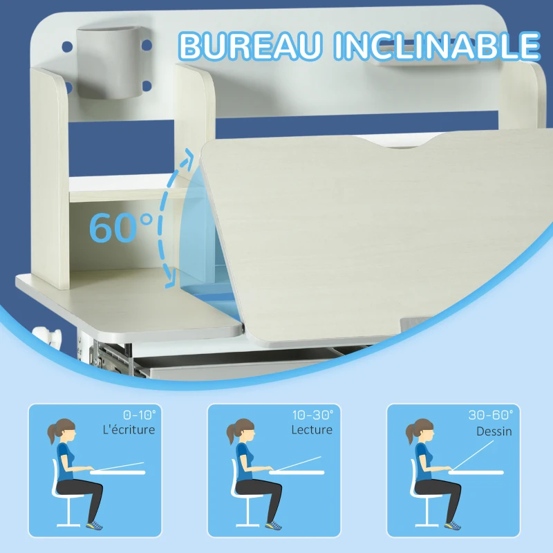 HOMCOM Bureau enfant hauteur réglable, plateau inclinable - 3 étagères, 2 niches, tablette coulissante à rangement gris blanc