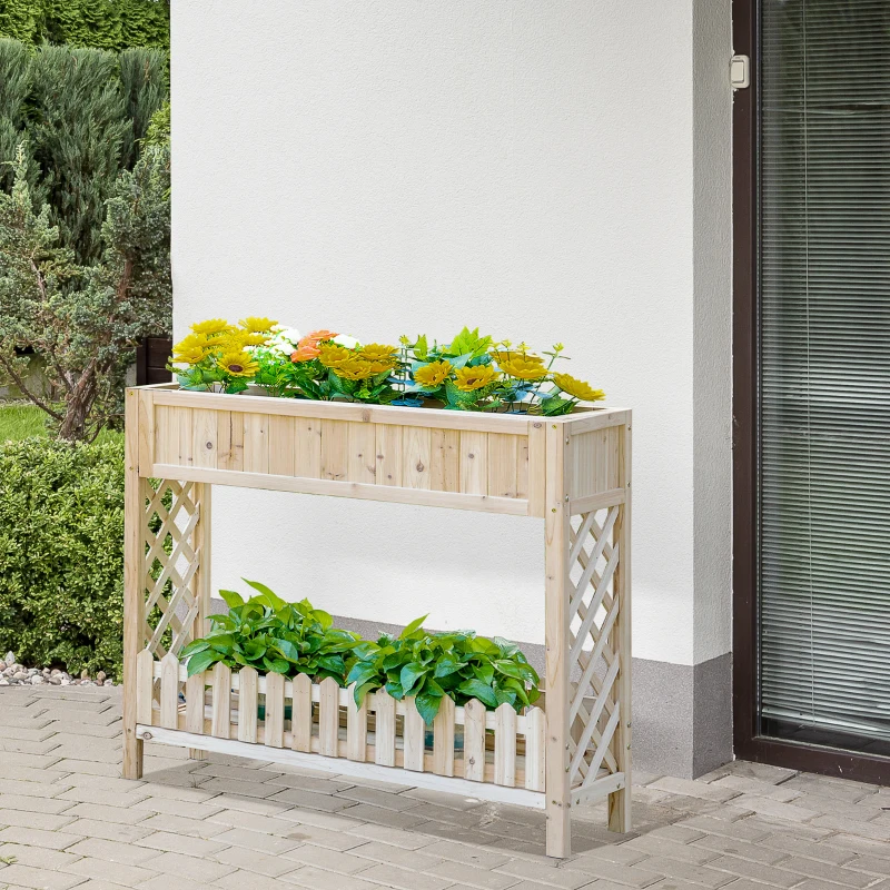 Outsunny Huerto Urbano de Madera 90x30x90 cm Mesa de Cultivo con Estante Inferior Seto Decorativo y 4 Orificios de Drenaje para Plantas Macetas Flores Natural