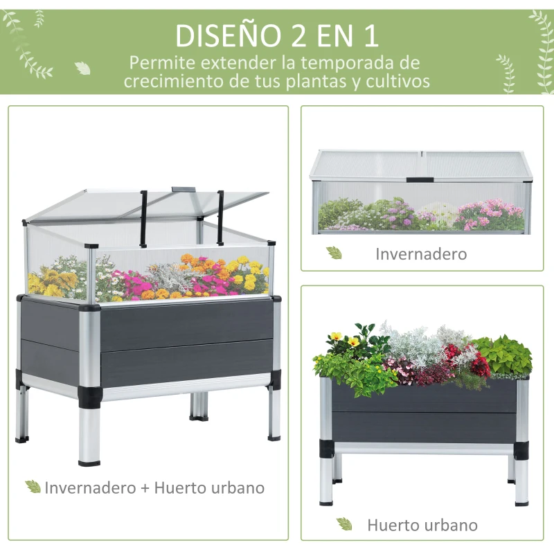 Outsunny Huerto Urbano Elevado de Aluminio 78,5x47x74,5 cm Macetero con Cubierta de Policarbonato y Techos Abatibles para Cultivos Planta Flores Gris