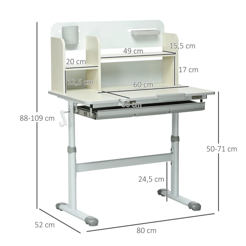 HOMCOM Bureau enfant hauteur réglable, plateau inclinable - 3 étagères, 2 niches, tablette coulissante à rangement gris blanc