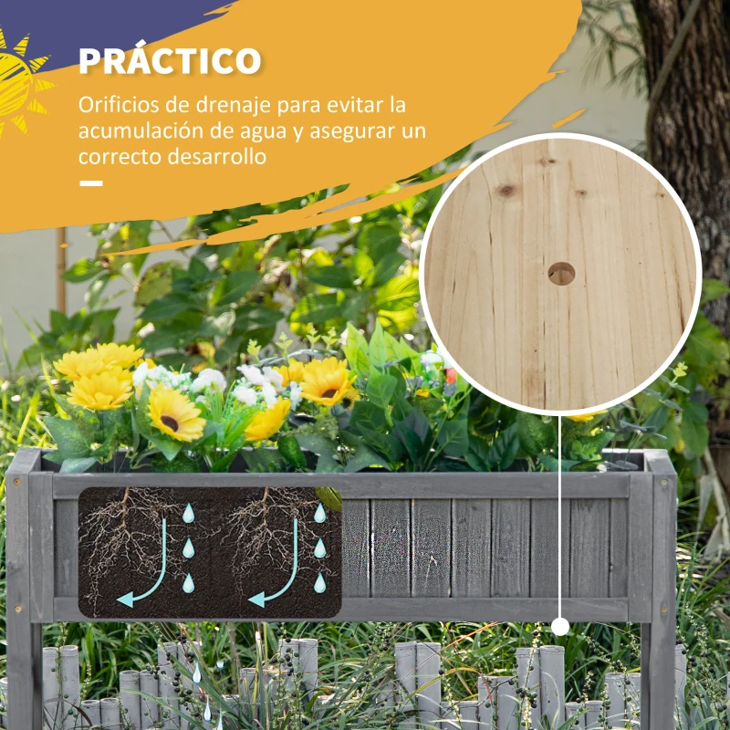 Outsunny Huerto Urbano de Madera 90x30x90 cm Mesa de Cultivo con Estante Inferior Seto Decorativo y 4 Orificios de Drenaje para Plantas Macetas Flores Natural