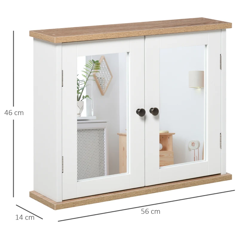 kleankin Armario de Baño de Pared con Espejo 2 Puertas Estante Ajustable en 3 Posiciones Espacio de Almacenaje para Cocina Medicinas 56x14x46 cm Blanco