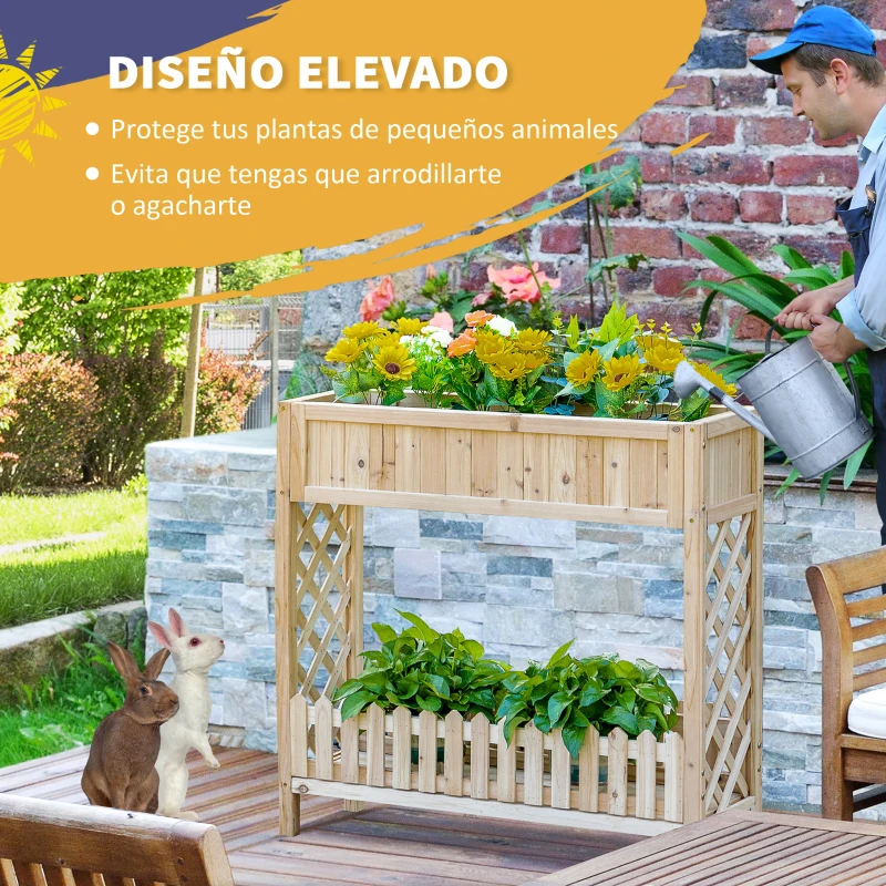 Outsunny Huerto Urbano de Madera 90x30x90 cm Mesa de Cultivo con Estante Inferior Seto Decorativo y 4 Orificios de Drenaje para Plantas Macetas Flores Natural