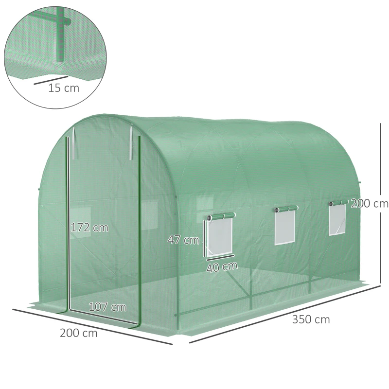 Outsunny Seră de Grădină cu Ferestre, Ușă și Acoperiș Rotunjit, 3.5x2x2m, Verde