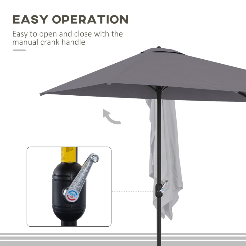 Outsunny Patio Half Parasol, Balcony Semi Round Umbrella with Crank Handle, 2.3m, Grey