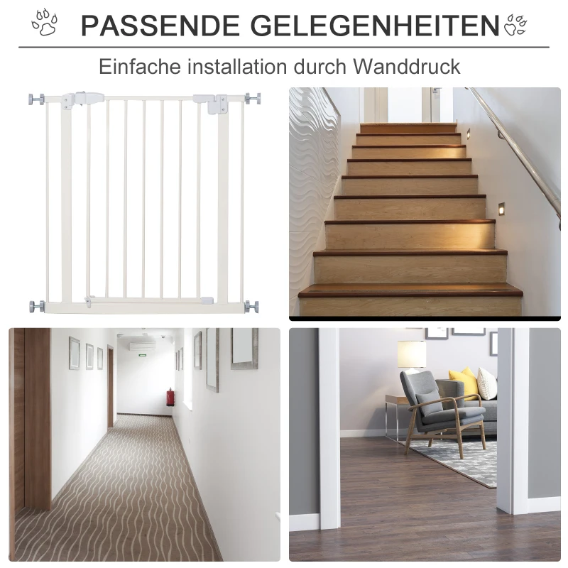 PawHut Türschutzgitter ohne bohren 74-80 cm einstellbar Treppenschutzgitter Absperrgitter mit Doppelter Verschluss Hunde Absperrgitter für Haustier Hundetürgitter Auto-Close Metall Kunststoff Weiß