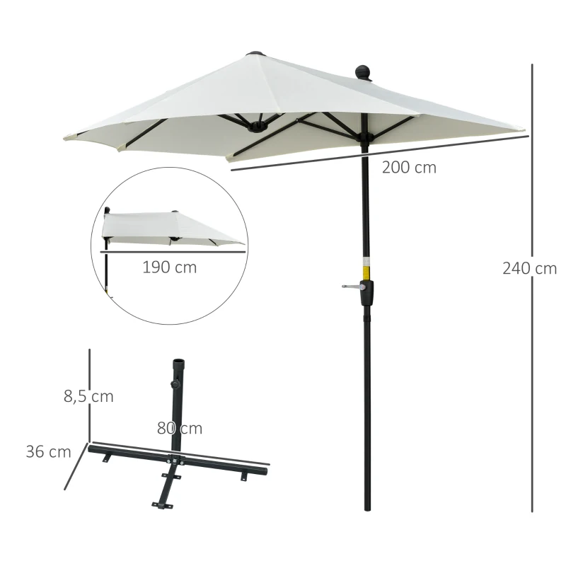 Outsunny 2m Half Garden Parasol Umbrella with Double-Sided Canopy Crank Handle Cross Base for Balcony Patio Cream White