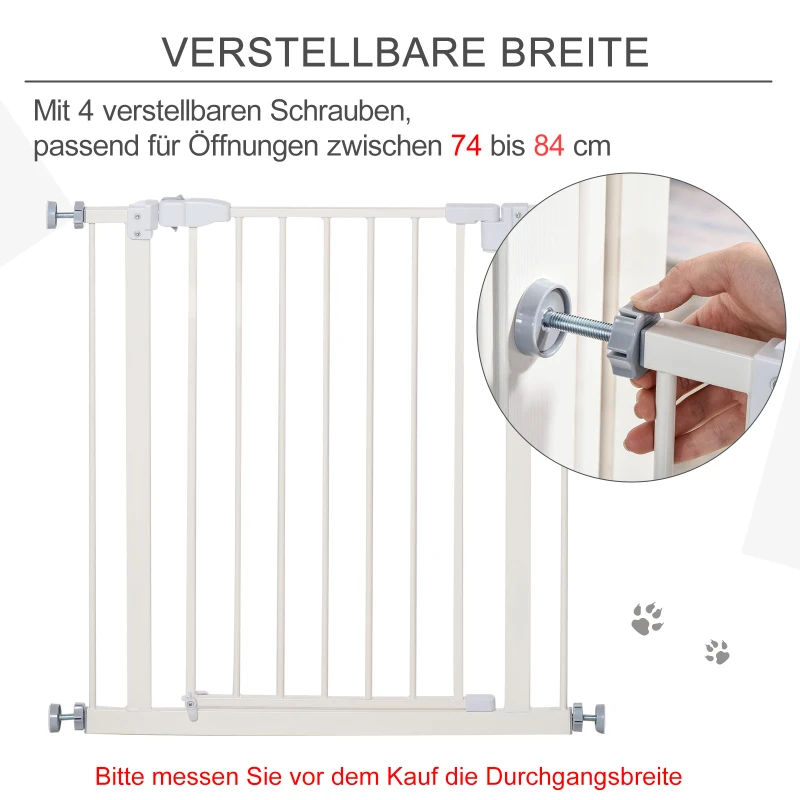 PawHut Türschutzgitter ohne bohren 74-80 cm einstellbar Treppenschutzgitter Absperrgitter mit Doppelter Verschluss Hunde Absperrgitter für Haustier Hundetürgitter Auto-Close Metall Kunststoff Weiß