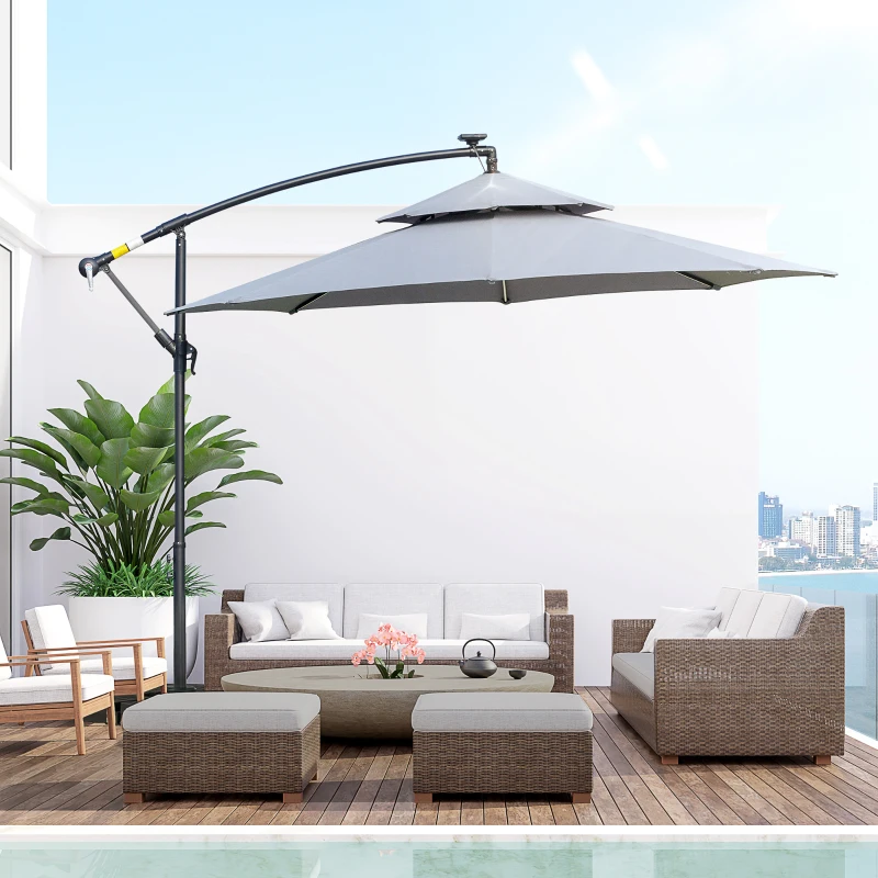 Outsunny 3m Cantilever Parasol, Hanging Parasol, with Double Roof, LED Solar lights, Crank, 8 Sturdy Ribs and Cross Base for Outdoor, Garden