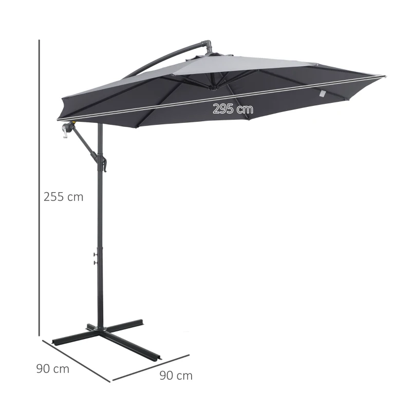 Outsunny 3(m) Garden Parasol Sun Shade Patio Banana Hanging Umbrella Cantilever with Crank Handle and Cross Base Grey