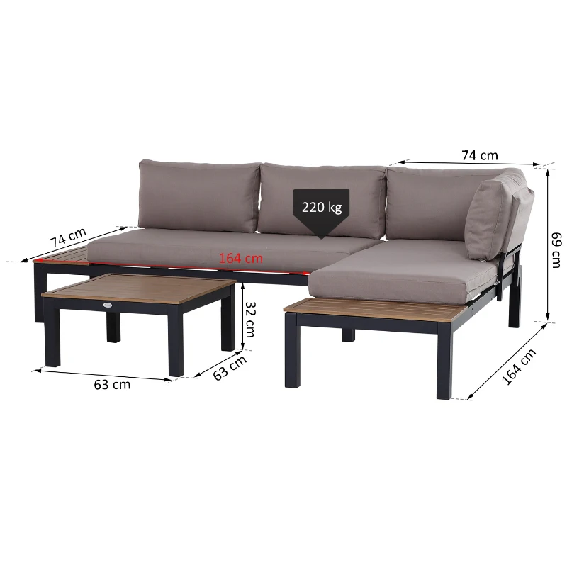 Outsunny Set de Gradina 3 Piese cu 1 masuta si 2 canapele , Culoare Gri si Lemn Natur