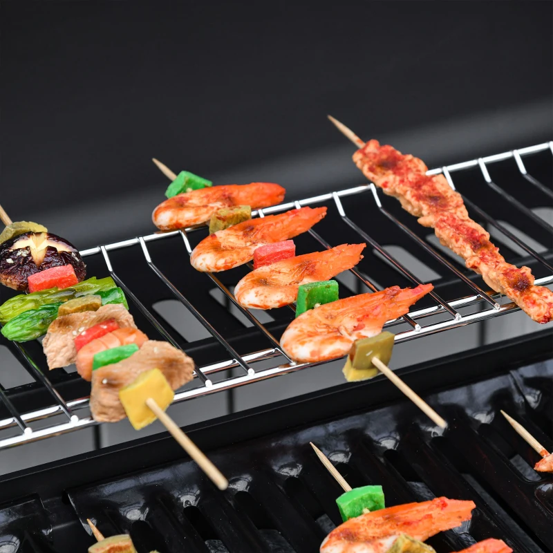 Outsunny Gratar pe Gaz cu Capac, 7 Arzatoare de 20 kW in total si Arzator Lateral, Termometru, Raft si 2 Roti, 135x50x100cm Negru