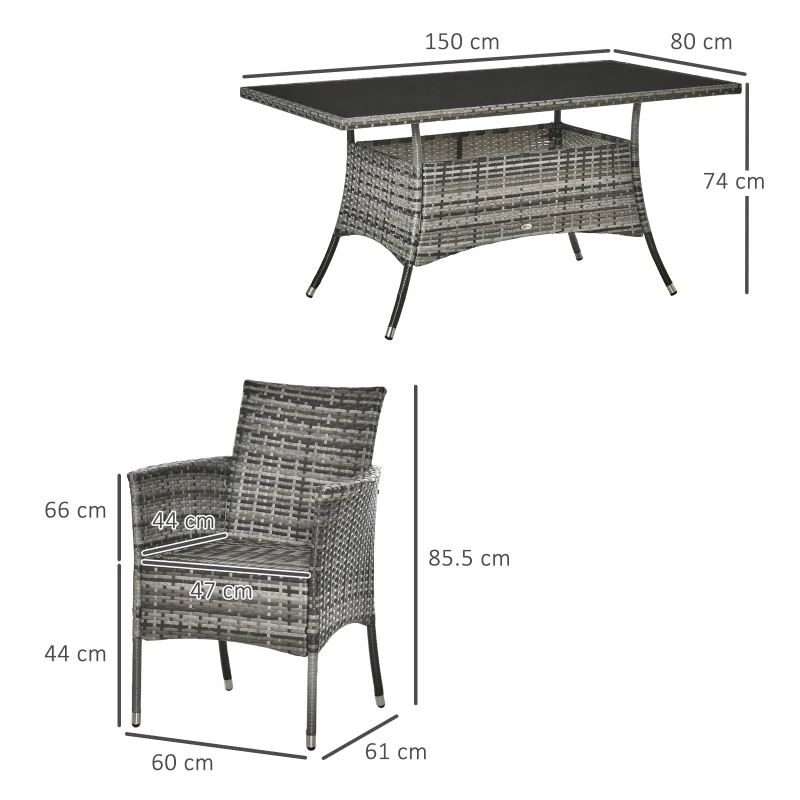 Outsunny 6-Seater Rattan Garden Table & Chairs, Rattan Dining Set, Garden Furniture Patio Rectangular Table Cube Chairs Outdoor, Grey