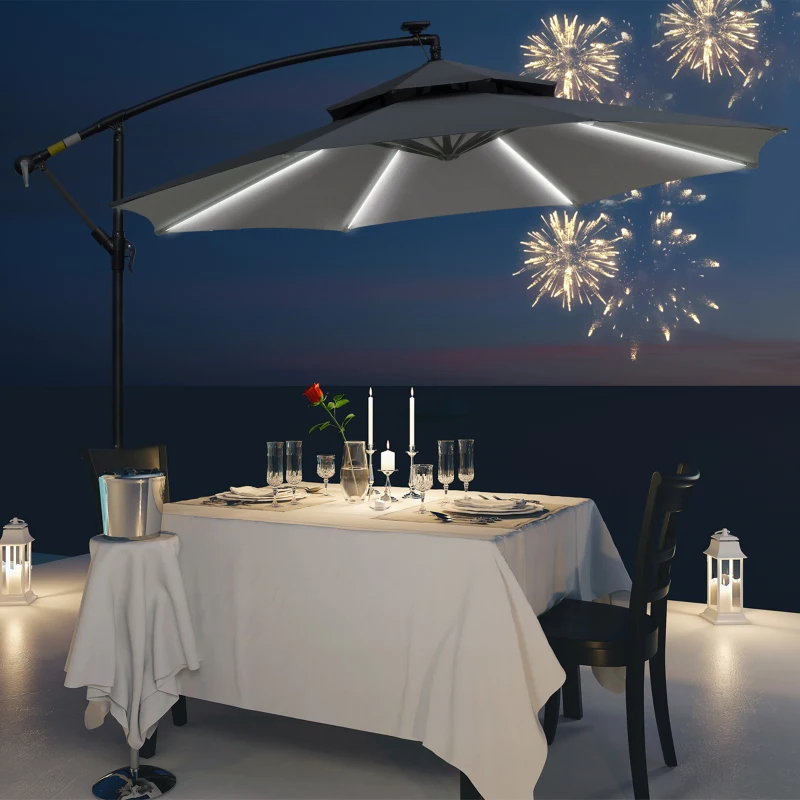 Outsunny 3m Cantilever Parasol, Hanging Parasol, with Double Roof, LED Solar lights, Crank, 8 Sturdy Ribs and Cross Base for Outdoor, Garden