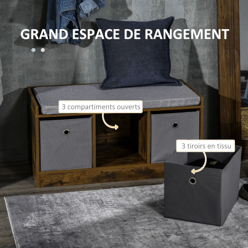 HOMCOM Banc à chaussures design industriel - 3 tiroirs et coussin polyester gris inclus