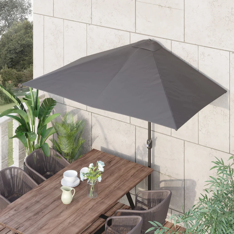 Outsunny Patio Half Parasol, Balcony Semi Round Umbrella with Crank Handle, 2.3m, Grey