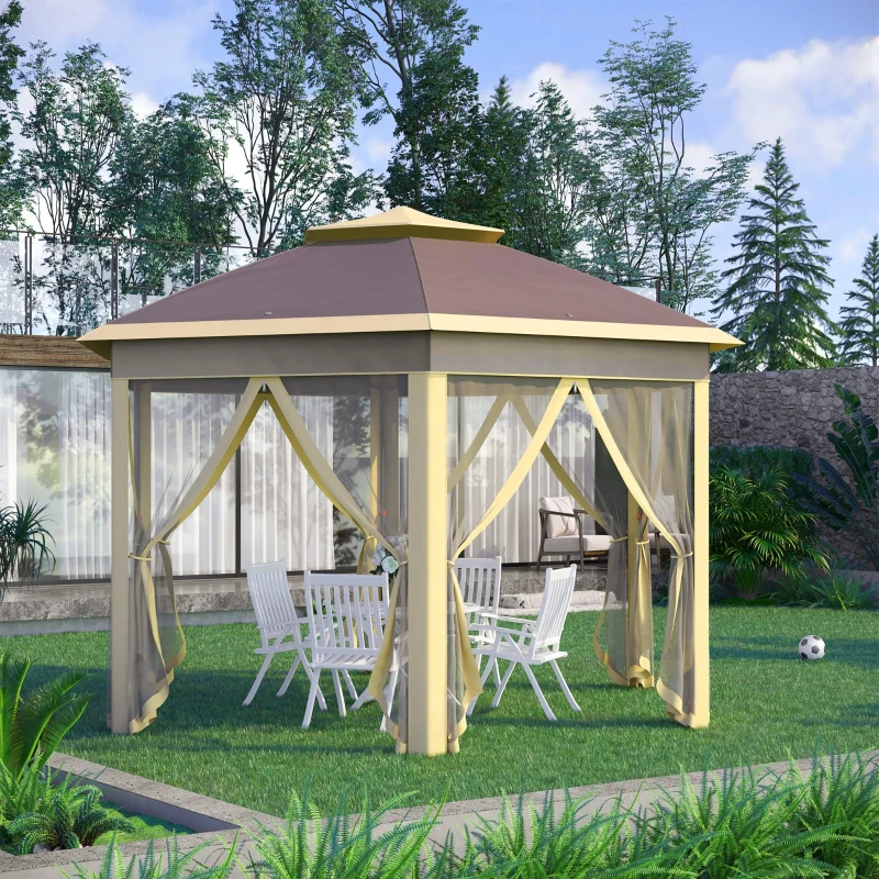 Outsunny Gazebo Pieghevole 405x340x285 cm con Zanzariera Doppio Tetto beige