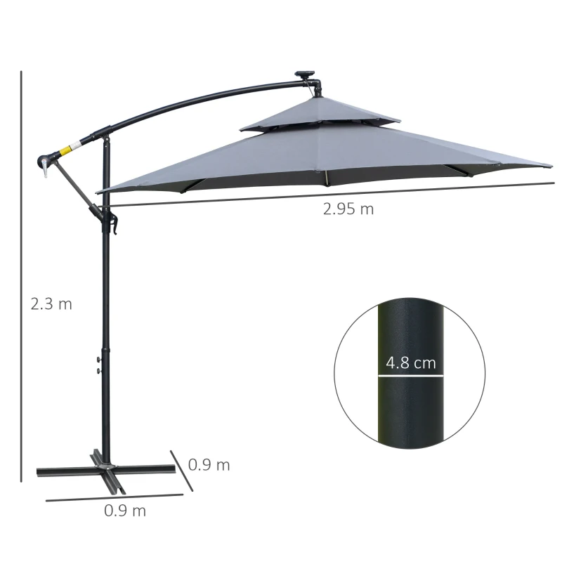 Outsunny 3m Cantilever Parasol, Hanging Parasol, with Double Roof, LED Solar lights, Crank, 8 Sturdy Ribs and Cross Base for Outdoor, Garden
