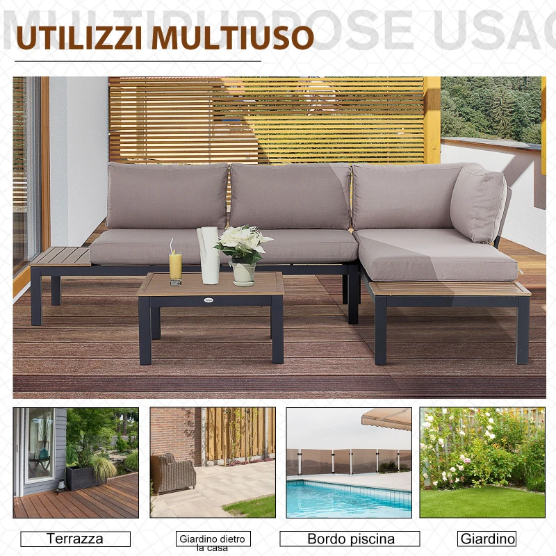 Outsunny Set de Gradina 3 Piese cu 1 masuta si 2 canapele , Culoare Gri si Lemn Natur
