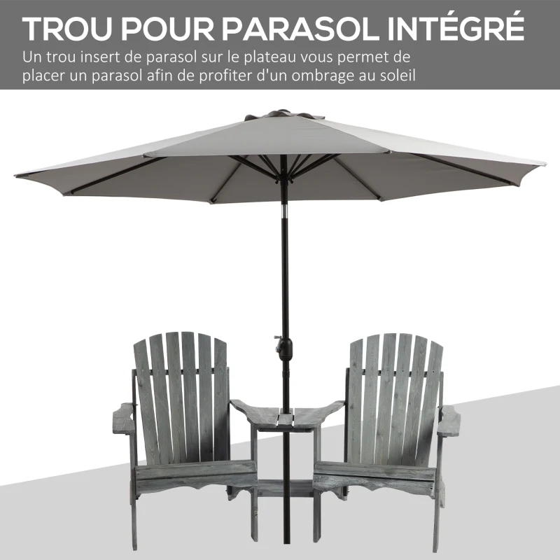 Fauteuils de Jardin Adirondack avec Table Basse, Espace Insertion Parasol, étagère Bois Sapin pré-huilé Peint Gris