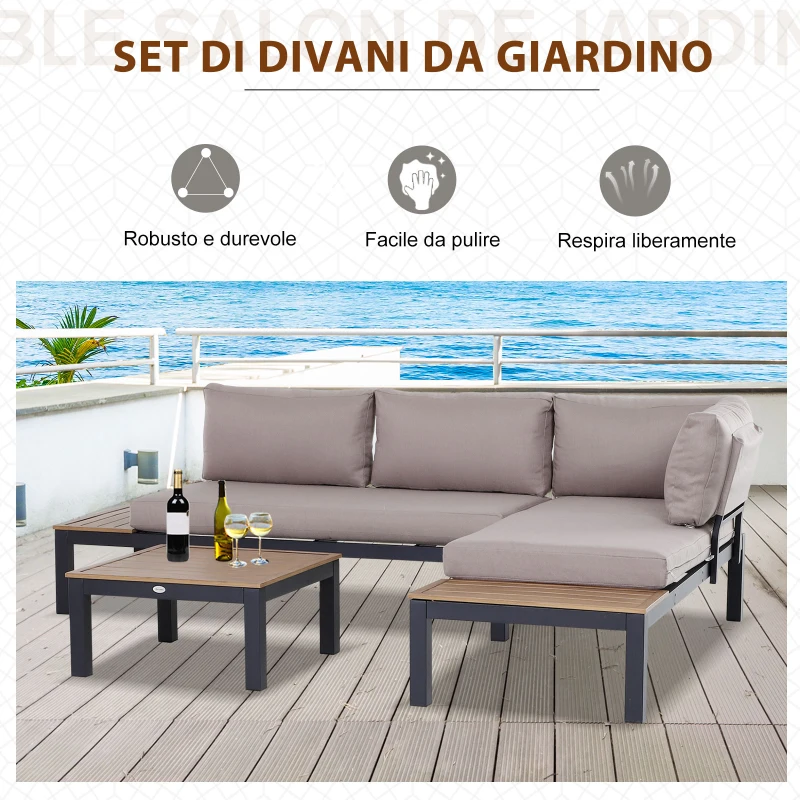 Outsunny Set de Gradina 3 Piese cu 1 masuta si 2 canapele , Culoare Gri si Lemn Natur