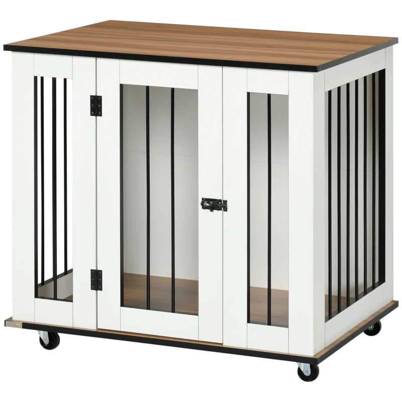 PawHut Dog Crate Furniture, Dog Cage End Table, with Wheels, for Medium Dogs, 80 x 60 x 76.5cm  - White