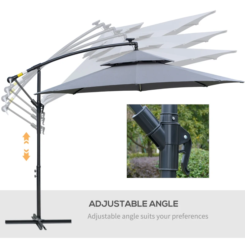 Outsunny 3m Cantilever Parasol, Hanging Parasol, with Double Roof, LED Solar lights, Crank, 8 Sturdy Ribs and Cross Base for Outdoor, Garden