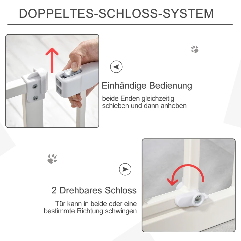 PawHut Türschutzgitter ohne bohren 74-80 cm einstellbar Treppenschutzgitter Absperrgitter mit Doppelter Verschluss Hunde Absperrgitter für Haustier Hundetürgitter Auto-Close Metall Kunststoff Weiß