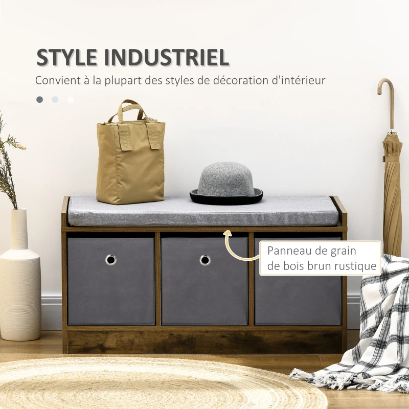 HOMCOM Banc à chaussures design industriel - 3 tiroirs et coussin polyester gris inclus