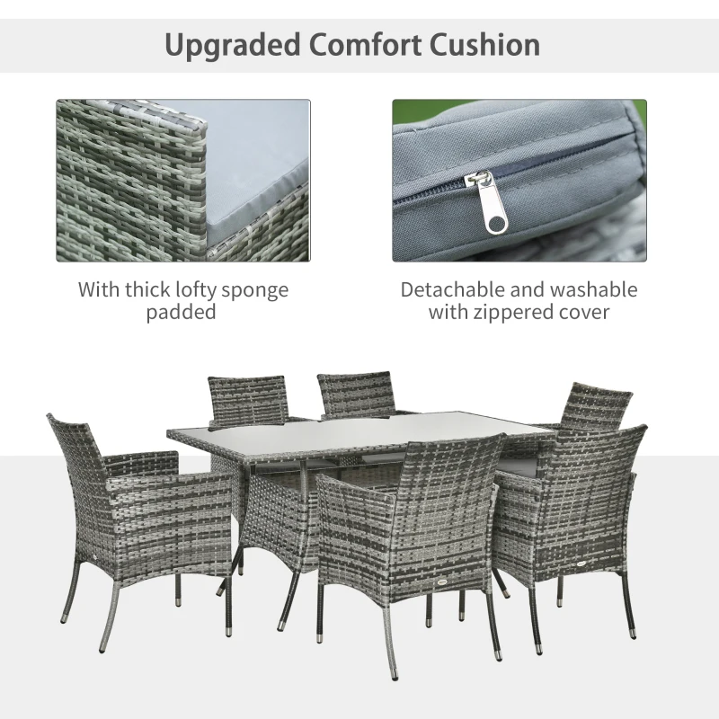 Outsunny 6-Seater Rattan Garden Table & Chairs, Rattan Dining Set, Garden Furniture Patio Rectangular Table Cube Chairs Outdoor, Grey