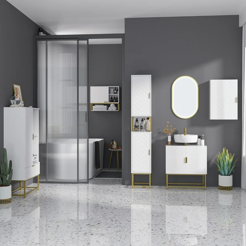 kleankin Meuble colonne rangement salle de bain avec niche et 2 placards étagère réglable pieds en acier
