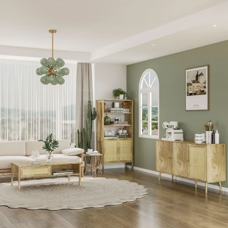 HOMCOM Bibliothèque style naturel 3 étagères placard 2 portes aspect bois et cannage 80 x 37 x 163 cm bois naturel