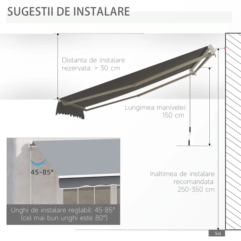 Outsunny Copertina pentru soare tip rulou reglare cu manivela, din aluminiu si poliester, 295x245cm, gri