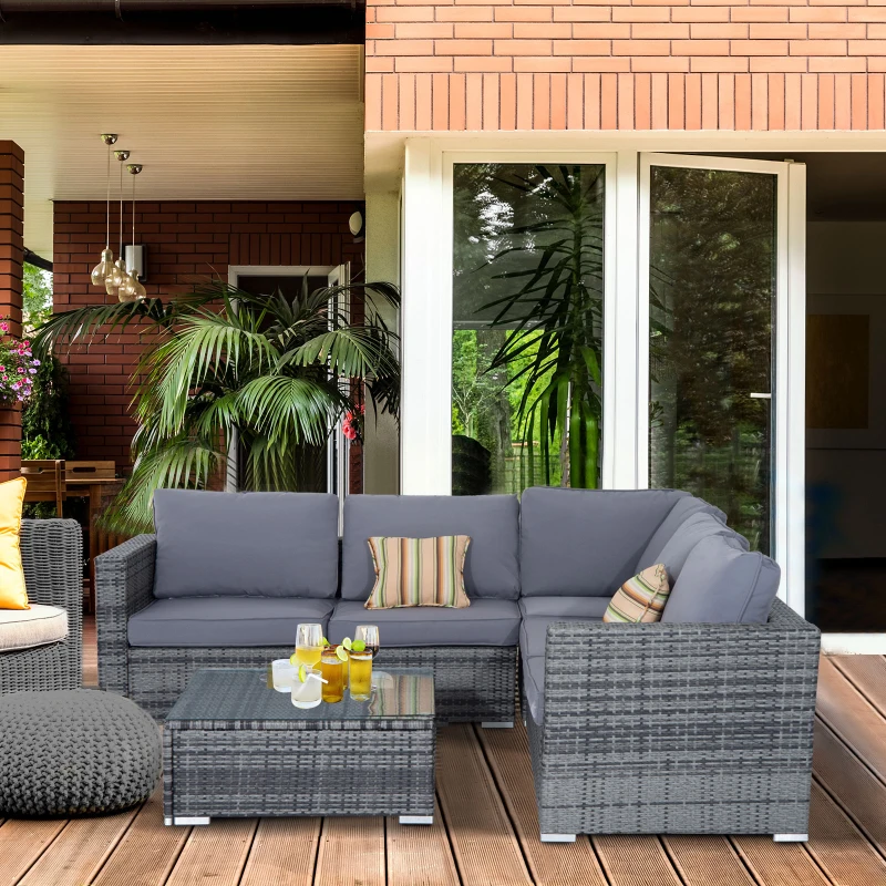 Outsunny 4 PCs Rattan Garden Furniture Sets Wicker Patio Conservatory Dining Set with Corner Sofa Loveseat Coffee Table Cushions for Balcony Backyard Pool, Grey