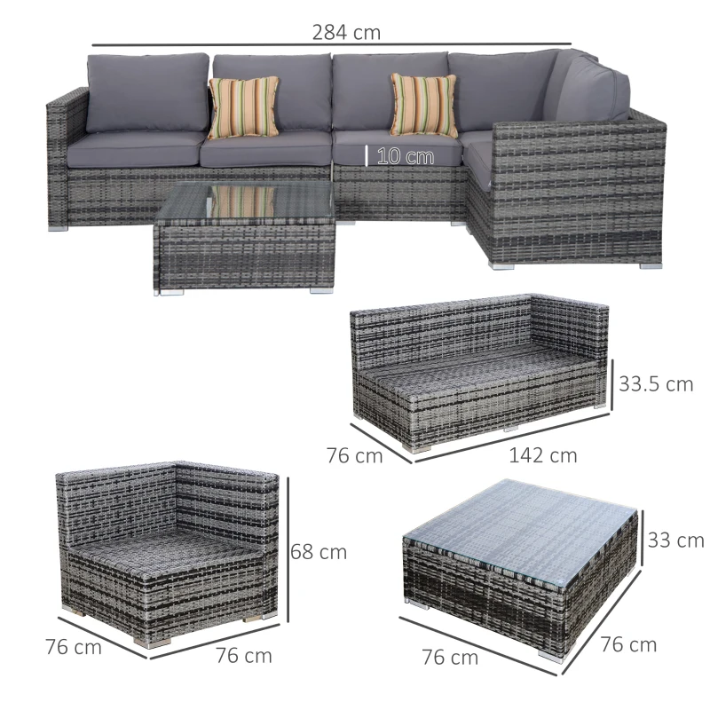 Outsunny 4 PCs Rattan Garden Furniture Sets Wicker Patio Conservatory Dining Set with Corner Sofa Loveseat Coffee Table Cushions for Balcony Backyard Pool, Grey