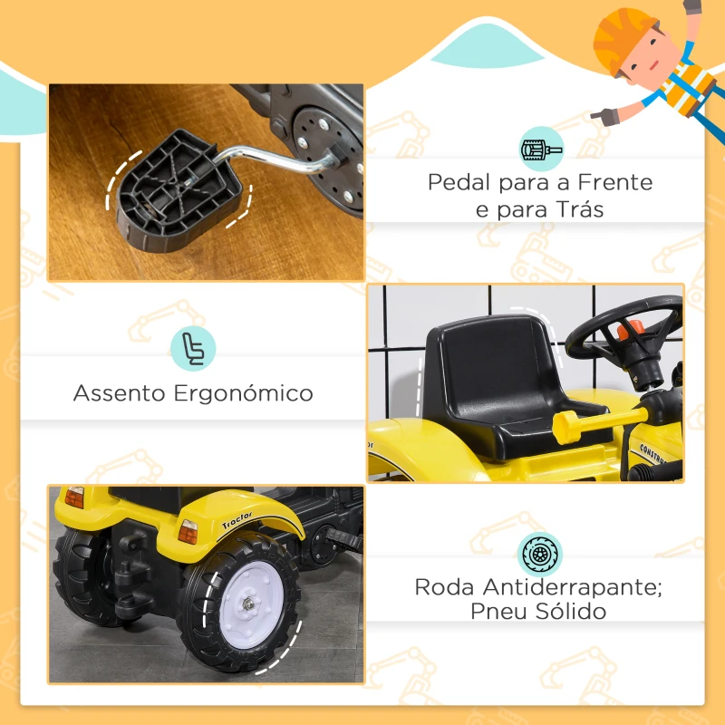 HOMCOM Trator a Pedal para Crianças acima de 3 Anos Trator Escavadora Infantil com Pá Dianteira 114x41x52 cm Amarelo e Preto