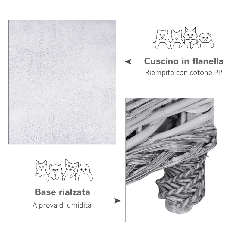 PawHut Cuccia per Animali Domestici Forma Chaise Longue in Vimini Grigio Cuscino in Pile 69x42x33cm