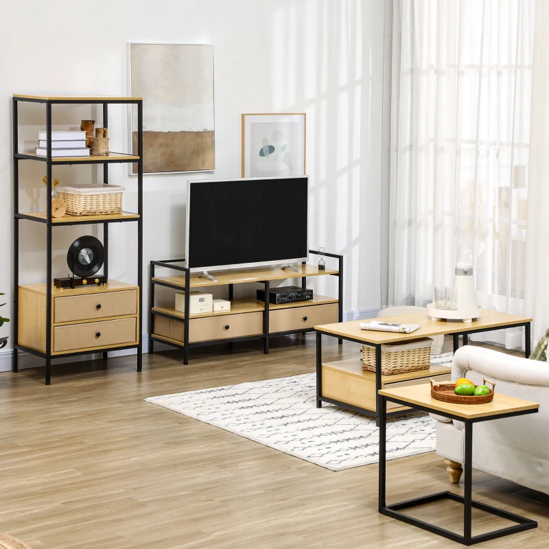 HOMCOM Estante de 4 Níveis com 2 Gavetas de Tecido não Tecido e Estrutura de Aço 60x40x163 cm Madeira e Preto