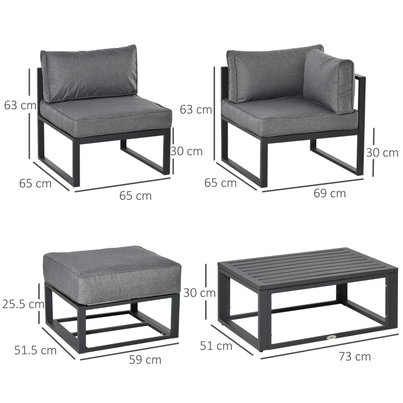 Outsunny Garden Daybed, 6 Piece Outdoor Sectional Sofa Set, Aluminum Patio Conversation Furniture Set with Coffee Table, Footstool and Cushions, Grey