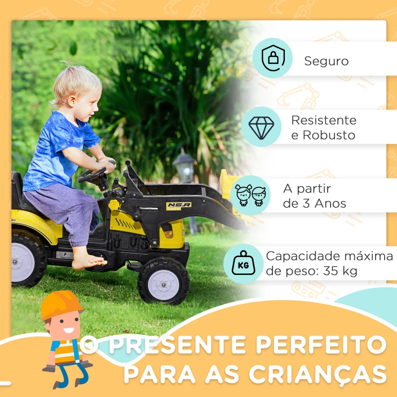HOMCOM Trator a Pedal para Crianças acima de 3 Anos Trator Escavadora Infantil com Pá Dianteira 114x41x52 cm Amarelo e Preto