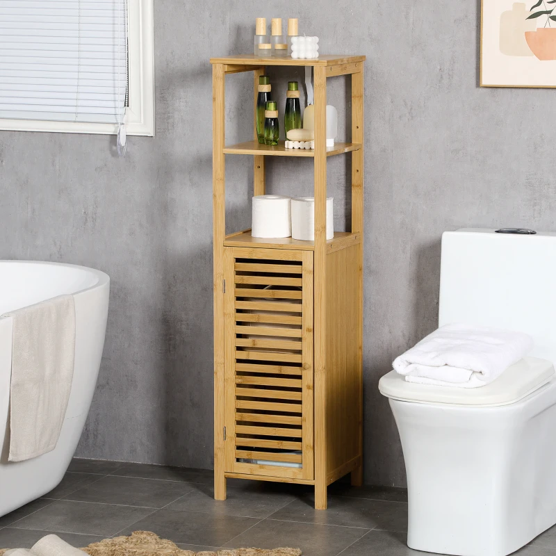 kleankin Armário Auxiliar Casa de Banho de Bambu com 2 Prateleiras Abertas e Porta de Ripas para Duche 32,9x29,9x120 cm Madeira